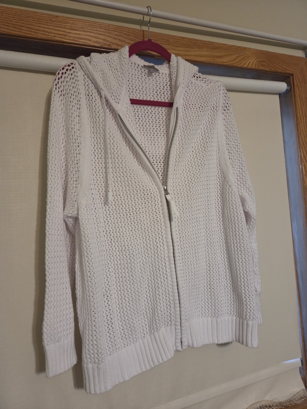 Talbots White Open-Knit Hooded Zip Cardigan